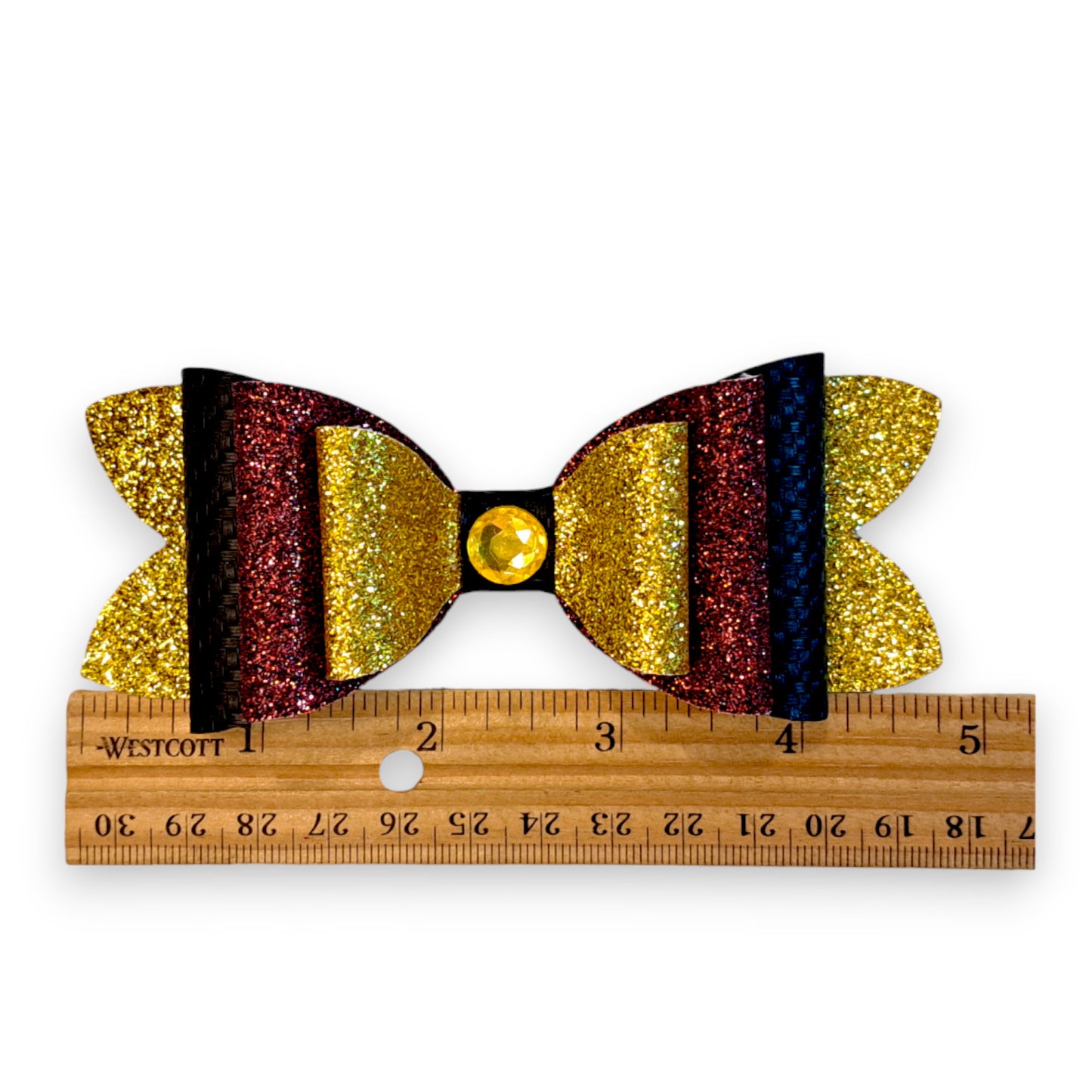 Handmade Gold, Black, and Red Faux Leather Glitter Hair Bow, with Ruler