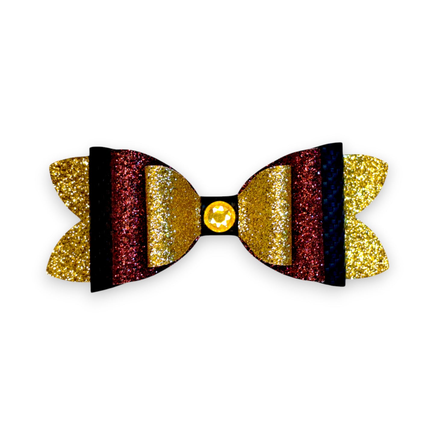 Handmade Gold, Black, and Red Faux Leather Glitter Hair Bow, Front View