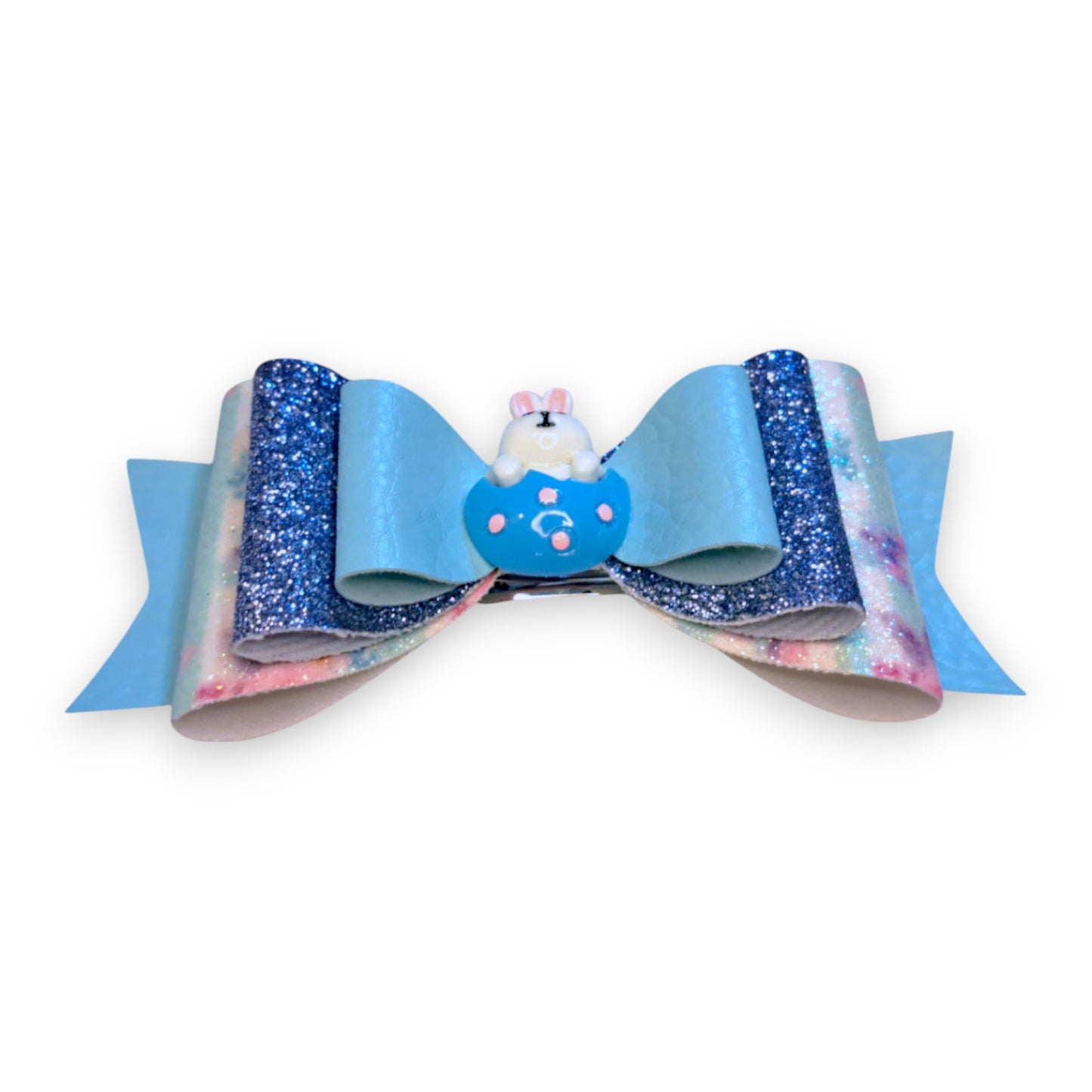 Handmade Blue Faux Leather Glitter Hair Bow with Easter Bunny in Egg, Loops view