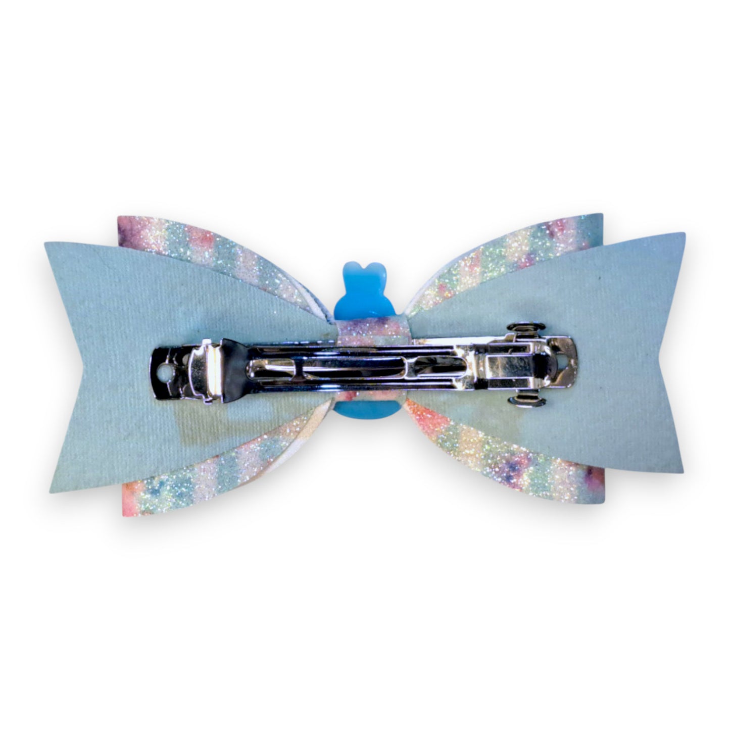 Handmade Blue Faux Leather Glitter Hair Bow with Easter Bunny in Egg, Barrette on back