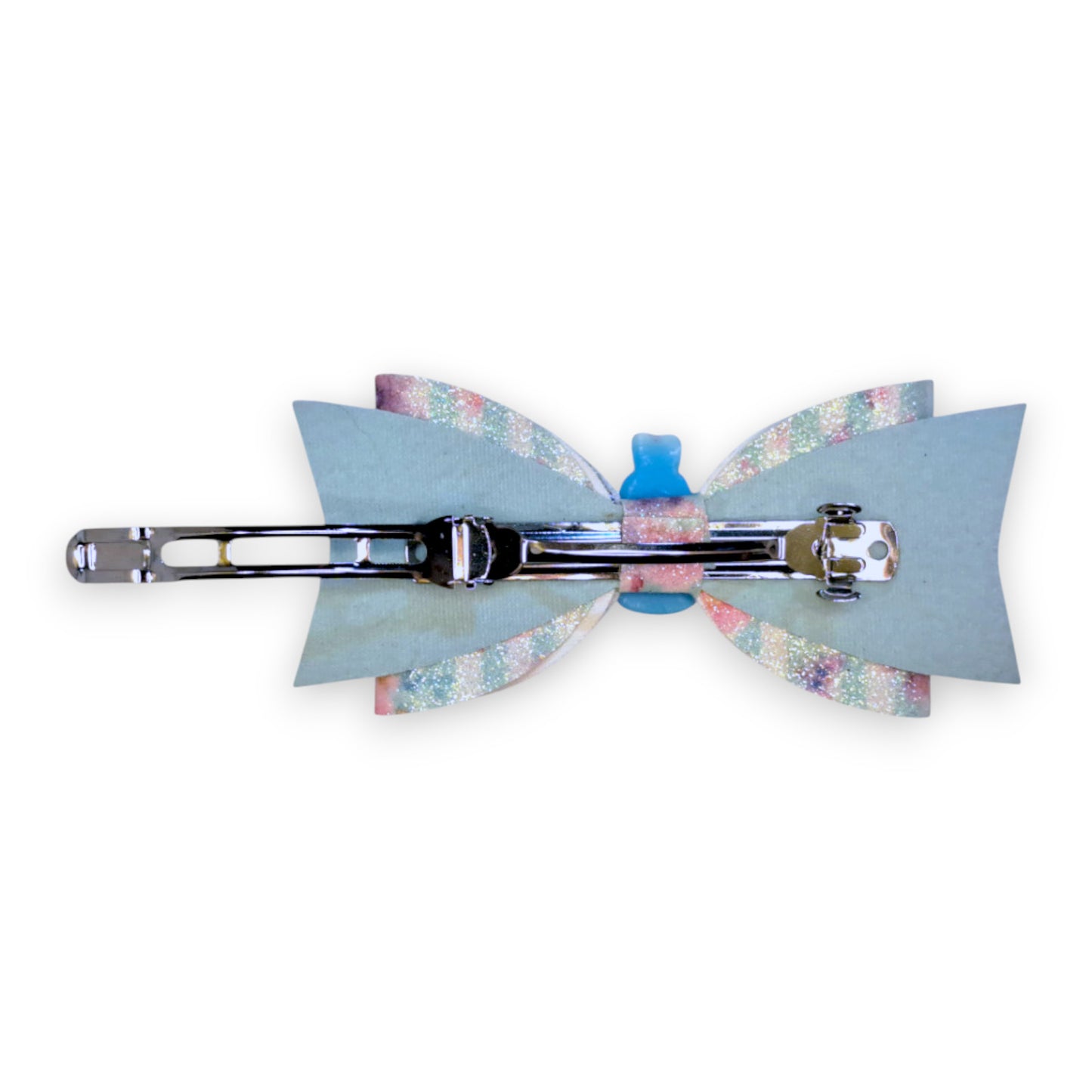 Handmade Blue Faux Leather Glitter Hair Bow with Easter Bunny in Egg, Open Barrette on back