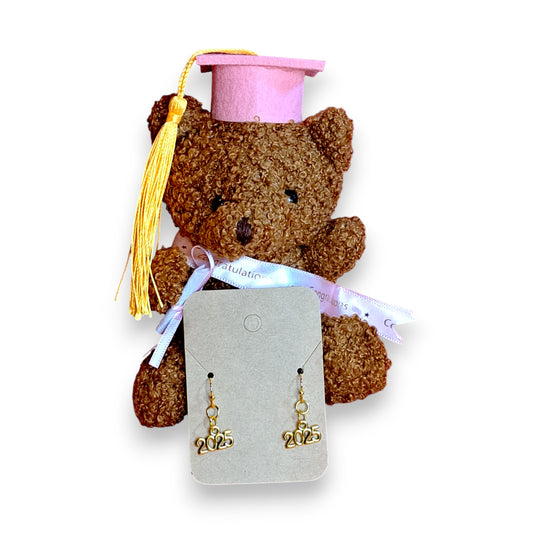 Graduation Bear with Class of 2025 Earrings, Bear and earrings view