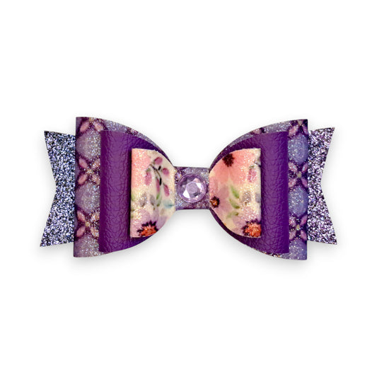 Handmade Purple Floral Faux Leather Glitter Hair Bow, Front view