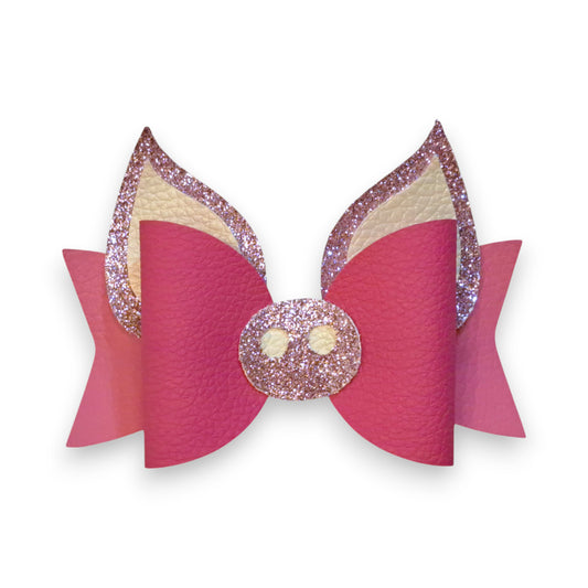Handmade Pink Piggy Faux Leather Glitter Pig Hair Bow, Front view