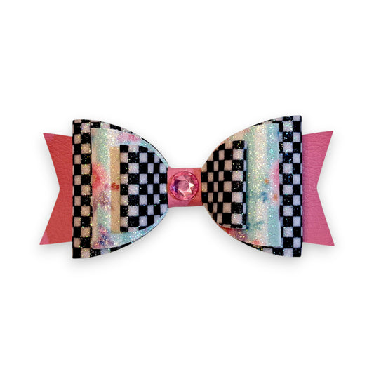 Handmade Pink, Blue Floral, and Checkerboard Faux Leather Glitter Hair Bow, Front