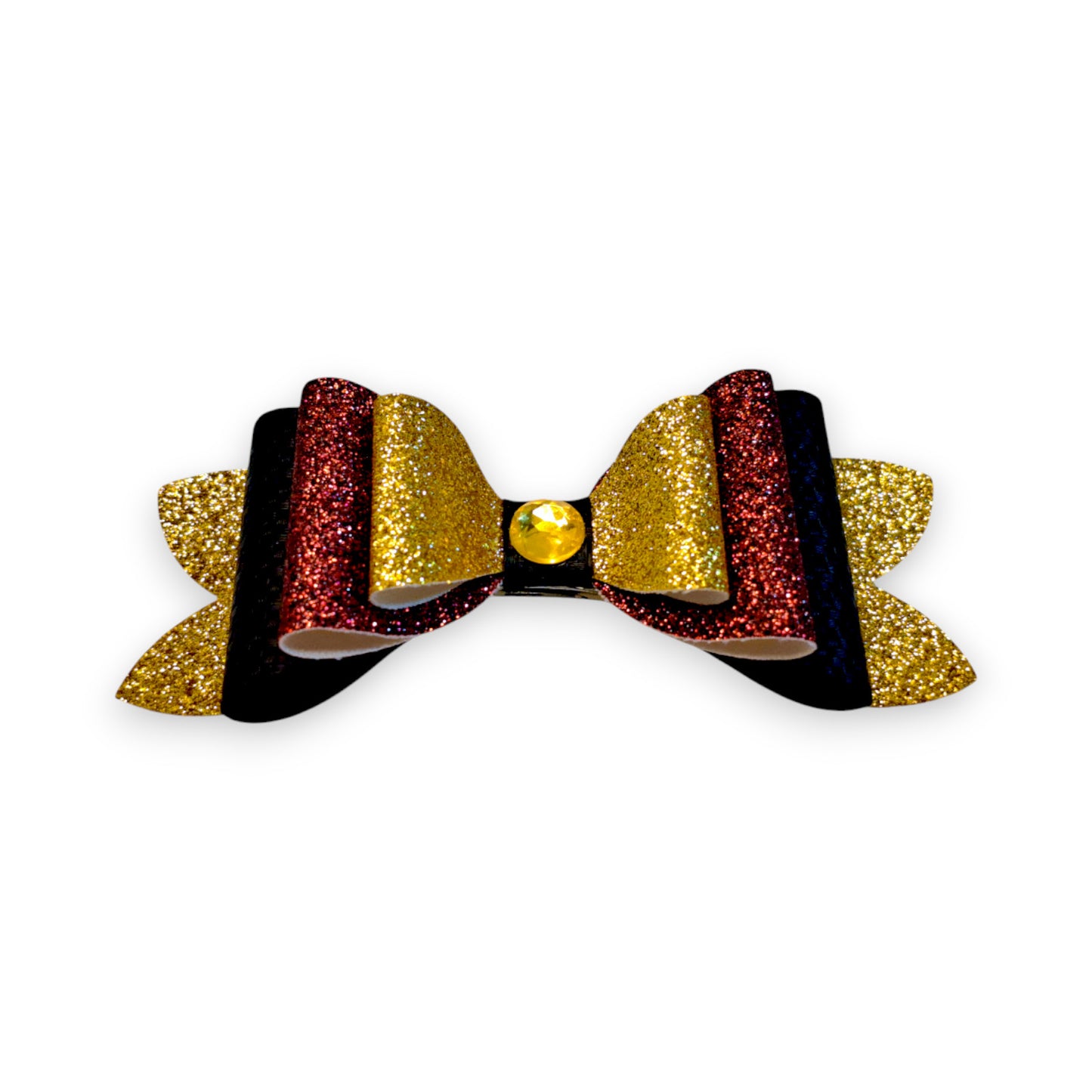 Handmade Gold, Black, and Red Faux Leather Glitter Hair Bow, Loop View